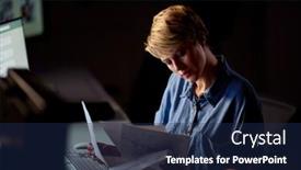  Presentation with illuminated - PPT theme consisting of businesswoman-working-late-in-office background and a navy blue colored foreground