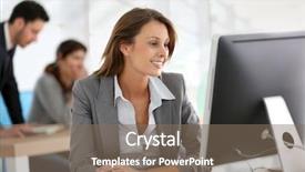  Presentation with desktop - Presentation design enhanced with businesswoman working on desktop computer background and a violet colored foreground