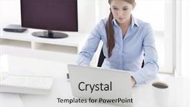  Presentation with television - Audience pleasing theme consisting of businesswoman working on her laptop backdrop and a light gray colored foreground