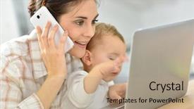  Presentation with young man holdng laptop on lap money - Cool new PPT theme with businesswoman working on laptop baby backdrop and a coral colored foreground