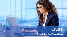  Presentation with how to be happy - Colorful slides enhanced with businesswoman working on laptop computer backdrop and a teal colored foreground