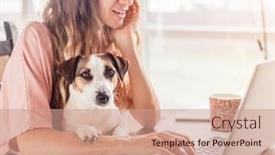  Presentation with home office - Slides having businesswoman-working-on-laptop-computer background and a coral colored foreground