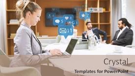  Presentation with computer room - Presentation design having businesswoman-working-on-laptop-computer background and a coral colored foreground