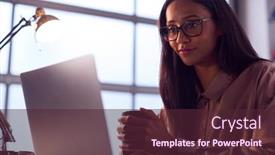  Presentation with desk - Colorful PPT theme enhanced with businesswoman-working-on-laptop backdrop and a tawny brown colored foreground