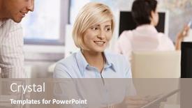  Presentation with working together - Cool new PPT theme with businesswoman-working-together-in-office backdrop and a gray colored foreground