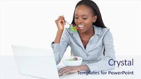  Presentation with ready to eat salad - Audience pleasing slides consisting of businesswoman working with a laptop backdrop and a  colored foreground
