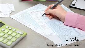  Presentation with tax - PPT theme enhanced with businesswoman working with documents tax background and a light gray colored foreground