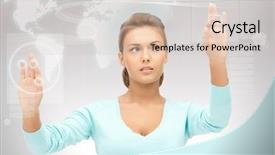  Presentation with touch screen virtual reality - Beautiful presentation theme featuring businesswoman working with touch screen backdrop and a soft green colored foreground