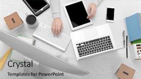  Presentation with cup coffee - PPT theme featuring businesswoman works at office computer background and a light gray colored foreground