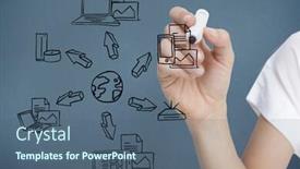  Presentation with doodle - Amazing slide deck having businesswoman writing doodle against blue background with vignette backdrop and a ocean colored foreground