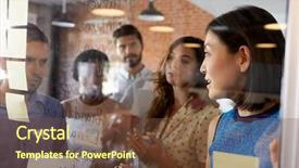  Presentation with cost saving ideas - PPT theme with businesswoman writing ideas on glass background and a tawny brown colored foreground