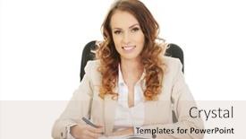  Presentation with note - Colorful presentation enhanced with businesswoman writing note by a desk backdrop and a soft green colored foreground