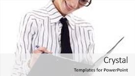  Presentation with writing - Presentation theme having businesswoman-writing-on-a-clipboard background and a white colored foreground