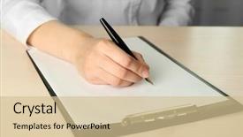  Presentation with electronic signature document automation - Theme featuring businesswoman writing on document background and a soft green colored foreground