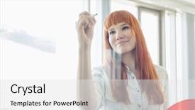  Presentation with creative writing - Theme with creative businesswoman writing on glass wall in office background and a white colored foreground