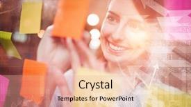  Presentation with creative writing - Slide deck featuring businesswoman writing on sticky note background and a  colored foreground