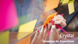  Presentation with creative writing - PPT theme enhanced with businesswoman writing on sticky notes background and a coral colored foreground