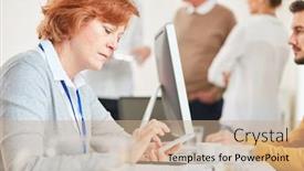  Presentation with sms - Theme with businesswoman writing sms on smartphone at the office background and a coral colored foreground