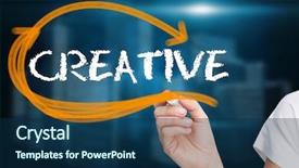  Presentation with creative writing - Colorful presentation enhanced with businesswoman writing the word creative against shiny cityscape on black background backdrop and a navy blue colored foreground
