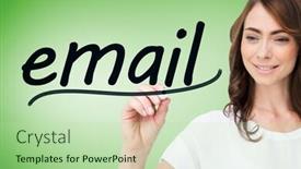  Presentation with email - Colorful PPT theme enhanced with businesswoman writing the word email against green vignette backdrop and a mint green colored foreground