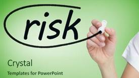  Presentation with risk - Colorful PPT theme enhanced with businesswoman writing the word risk against green vignette backdrop and a mint green colored foreground