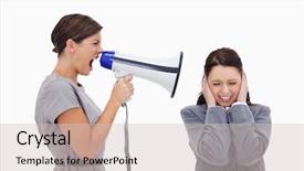  Presentation with yelling - Slide set having businesswoman yelling at colleague with megaphone against a white background background and a lemonade colored foreground