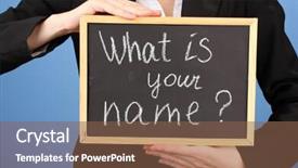 Presentation with name - Amazing slide set having businesswoman with what is you name board on blue background backdrop and a tawny brown colored foreground