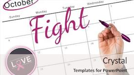  Presentation with breast cancer awareness - Cool new PPT theme with businesswomans hand writing with marker against breast cancer awareness message on poster backdrop and a sky blue colored foreground