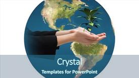  Presentation with seedling - PPT theme consisting of businesswomans hands presenting against little green seedling with leaves growing background and a ocean colored foreground