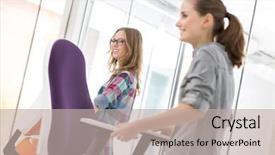  Presentation with new office - Colorful PPT layouts enhanced with businesswomen carrying chairs in new backdrop and a mint green colored foreground