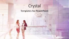  Presentation with railing - Colorful slide set enhanced with businesswomen conversing against railing in office backdrop and a lemonade colored foreground