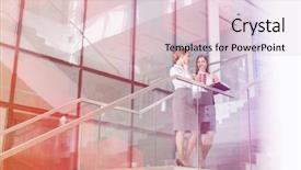  Presentation with steps - PPT theme enhanced with businesswomen conversing while having coffee on steps in office background and a lemonade colored foreground