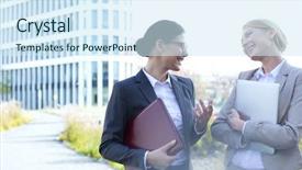  Presentation with cheerful - Amazing slide set having businesswomen conversing while holding folder backdrop and a sky blue colored foreground