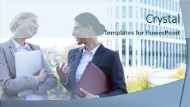  Presentation with cheerful - Amazing slide set having businesswomen conversing while holding folder backdrop and a sky blue colored foreground