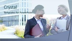  Presentation with cheerful - Theme featuring businesswomen conversing while holding folder background and a sky blue colored foreground