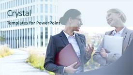  Presentation with music folder - PPT theme consisting of businesswomen conversing while holding folder background and a sky blue colored foreground