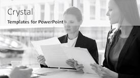  Presentation with cafeteria - Theme featuring businesswomen discussing over documents in office cafeteria background and a white colored foreground