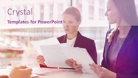  Presentation with cafeteria - Colorful PPT layouts enhanced with businesswomen discussing over documents in office cafeteria backdrop and a lemonade colored foreground