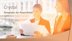  Presentation with cafeteria - Beautiful PPT theme featuring businesswomen discussing over documents in office cafeteria backdrop and a lemonade colored foreground