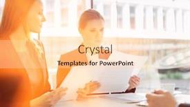  Presentation with cafeteria - Slides having businesswomen discussing over documents in office cafeteria background and a lemonade colored foreground