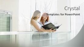  Presentation with file folder - Presentation theme having businesswomen discussing over file folder in office background and a white colored foreground