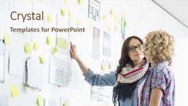  Presentation with creative - Presentation theme featuring businesswomen discussing over papers stuck background and a cream colored foreground