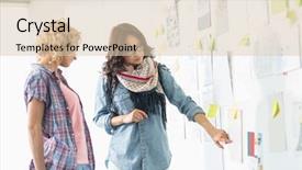  Presentation with stuck - Cool new PPT layouts with businesswomen discussing over papers stuck on wall in creative office backdrop and a lemonade colored foreground