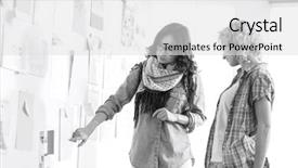  Presentation with stuck - Slide deck with businesswomen discussing over papers stuck on wall in creative office background and a light gray colored foreground