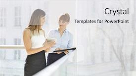  Presentation with railing - PPT layouts enhanced with businesswomen discussing over tablet pc while standing by railing in office background and a white colored foreground