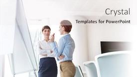  Presentation with whiteboard - Beautiful theme featuring businesswomen discussing over whiteboard in boardroom at office backdrop and a sky blue colored foreground