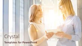  Presentation with flare - Cool new PPT layouts with businesswomen-discussing-plans-over-digital backdrop and a lemonade colored foreground