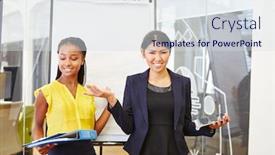  Presentation with team training - Beautiful presentation theme featuring businesswomen in start-up training presentation as interracial team backdrop and a sky blue colored foreground