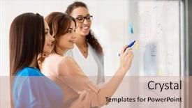  Presentation with team planning - Slide set having businesswomen looking at pie background and a coral colored foreground