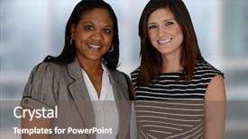  Presentation with employees working together - Colorful PPT theme enhanced with businesswomen of all races working backdrop and a gray colored foreground